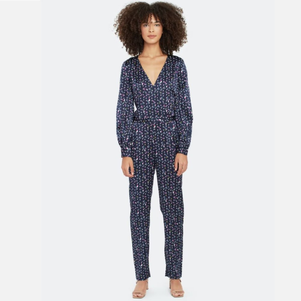 Tanya Taylor Ainsley Silk Surplice Navy Jumpsuit